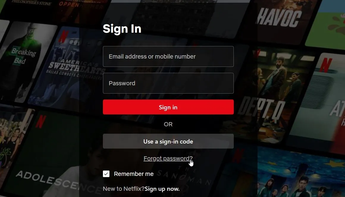 Màn hình đăng nhập Netflix với tùy chọn quên mật khẩu