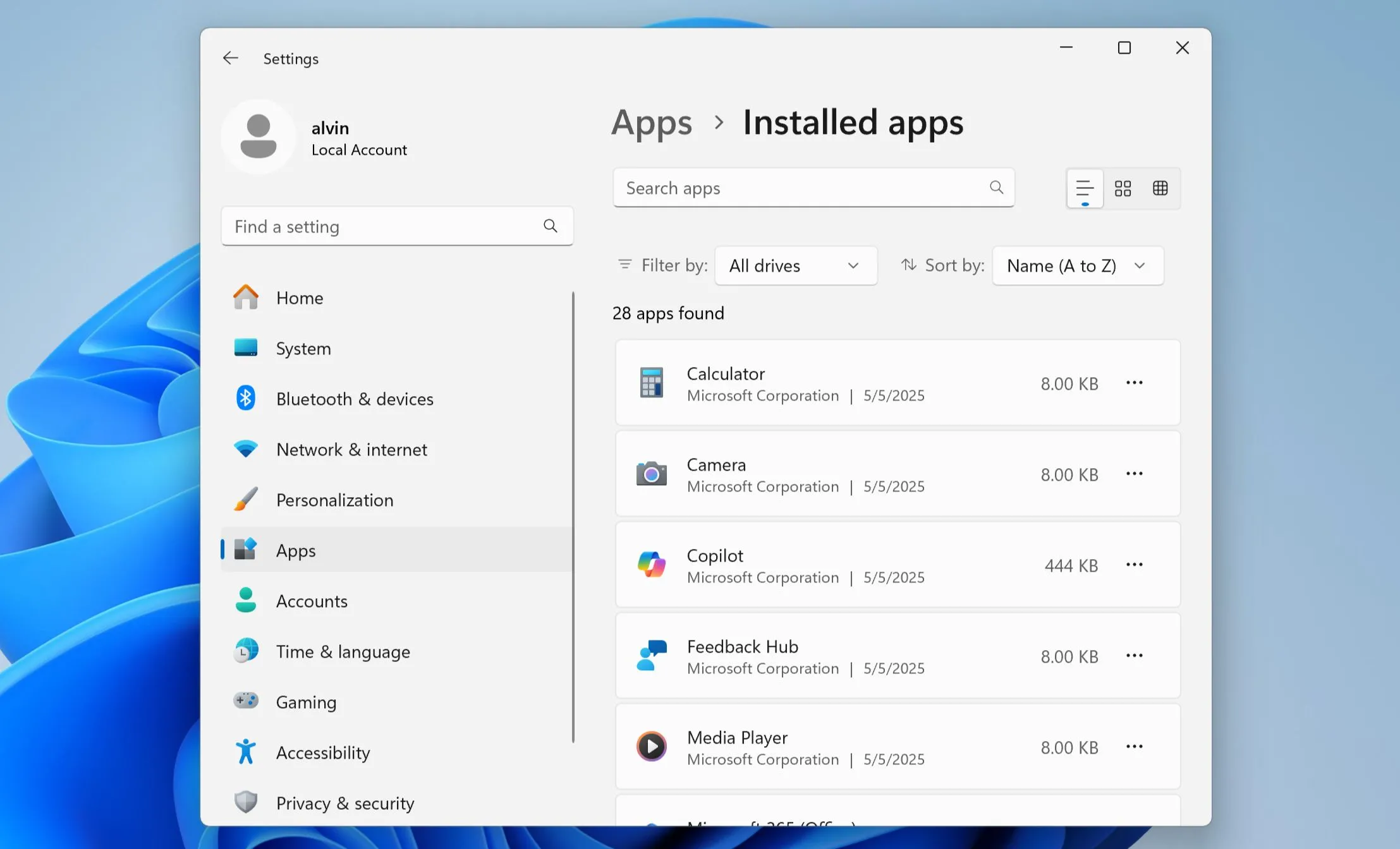 Màn hình danh sách ứng dụng đã cài đặt trên Windows 11 trong mục Cài đặt