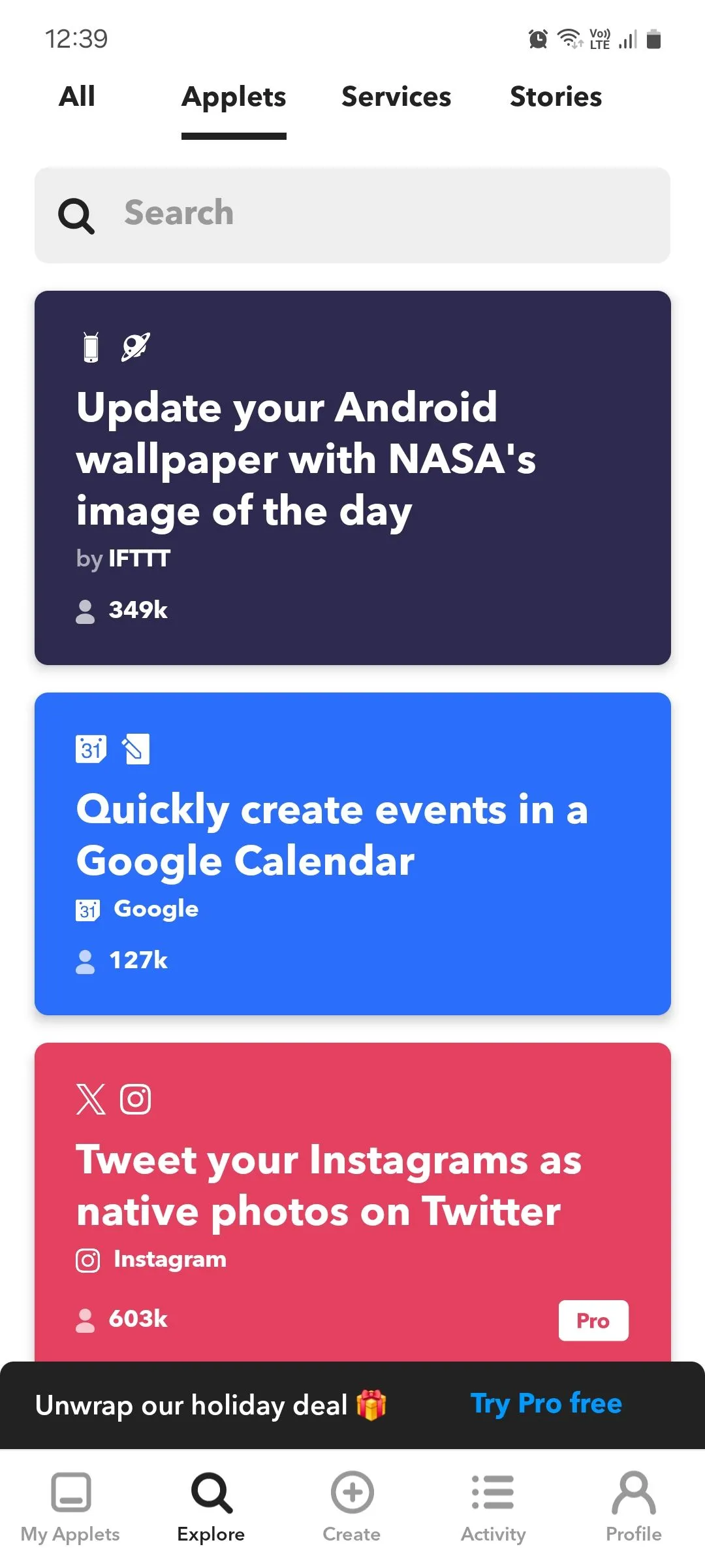 Màn hình đề xuất các Applet tự động hóa trong ứng dụng IFTTT, giúp người dùng khám phá các quy trình thông minh