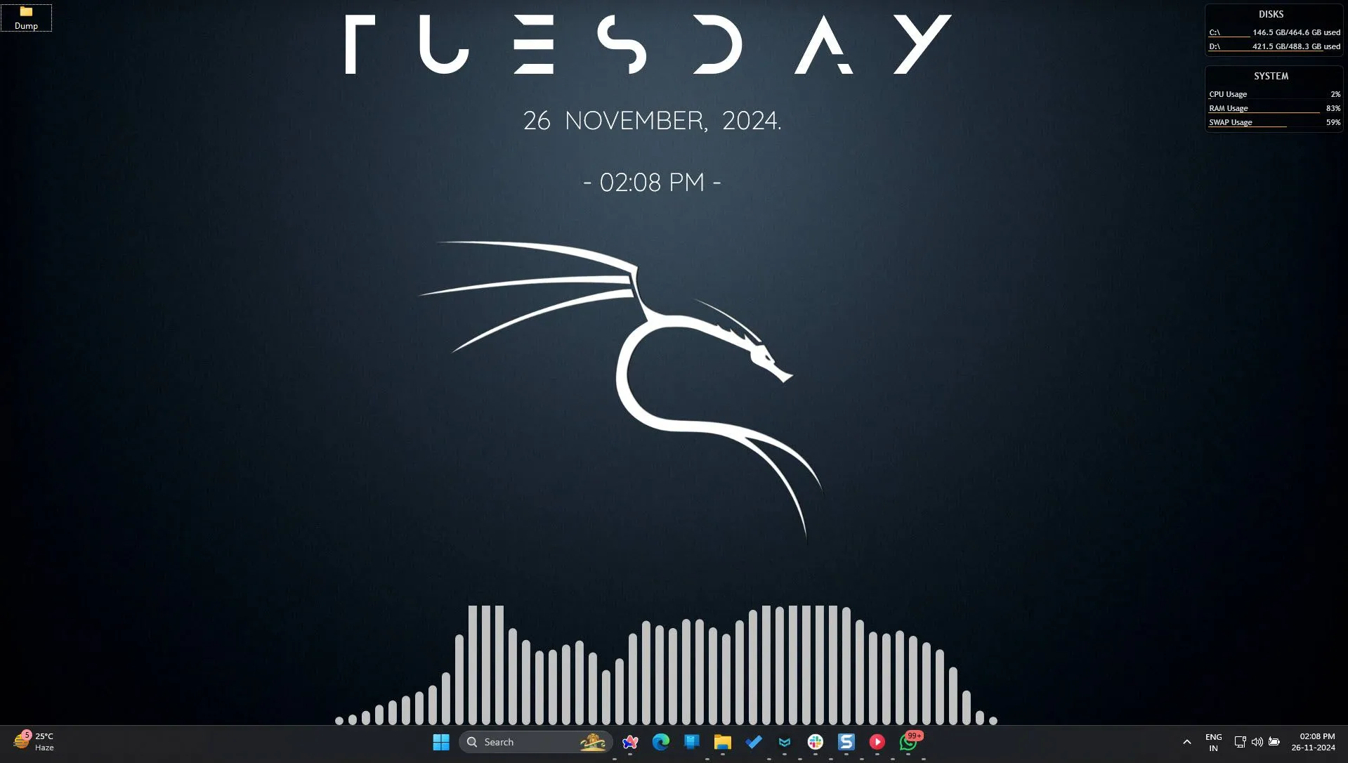 Màn hình desktop Windows 11 được cá nhân hóa mạnh mẽ với các skin Rainmeter độc đáo như đồng hồ kỹ thuật số và bộ phân tích âm thanh