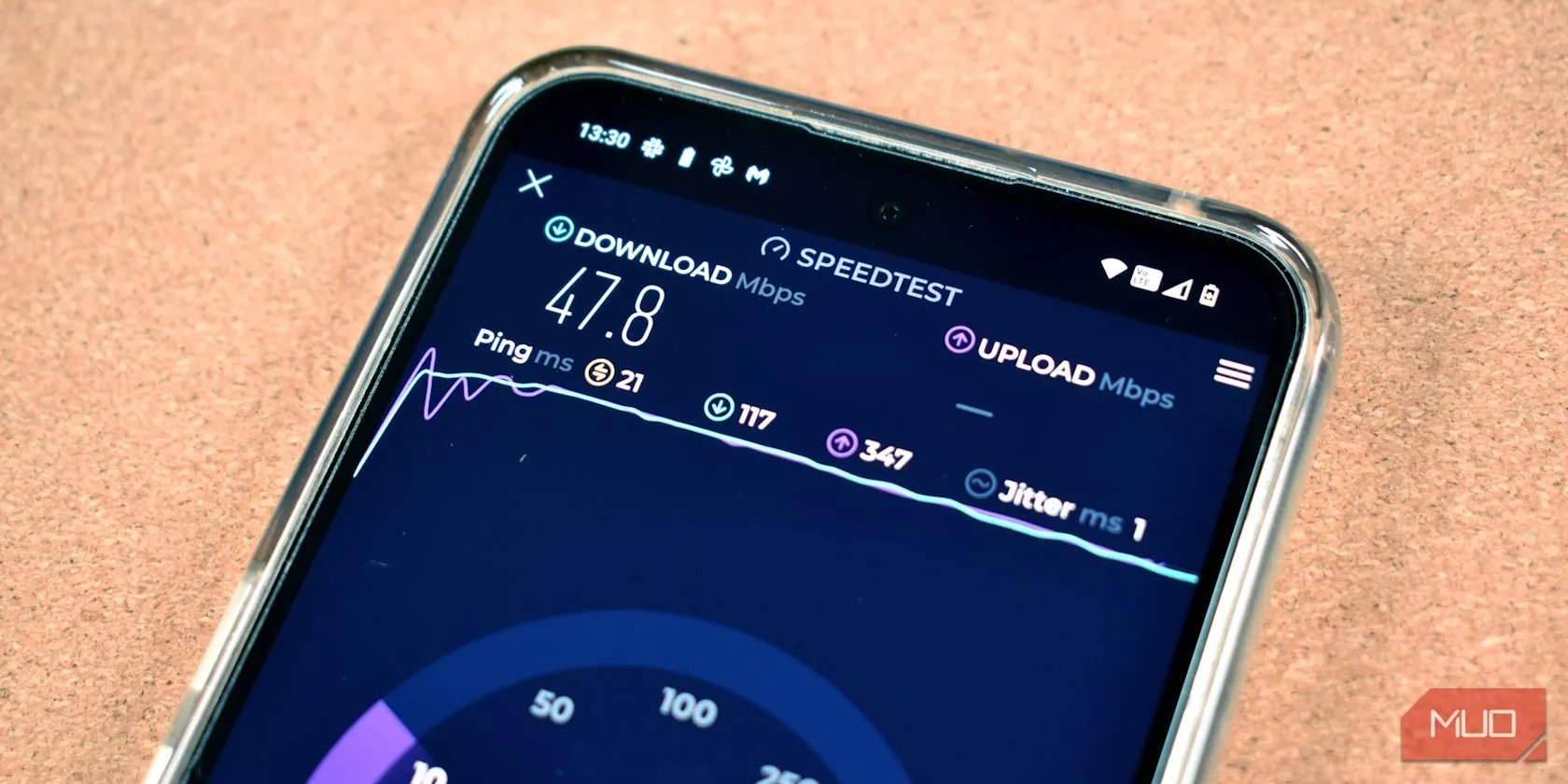 Màn hình điện thoại hiển thị ứng dụng Ookla Speedtest để kiểm tra tốc độ dữ liệu di động.