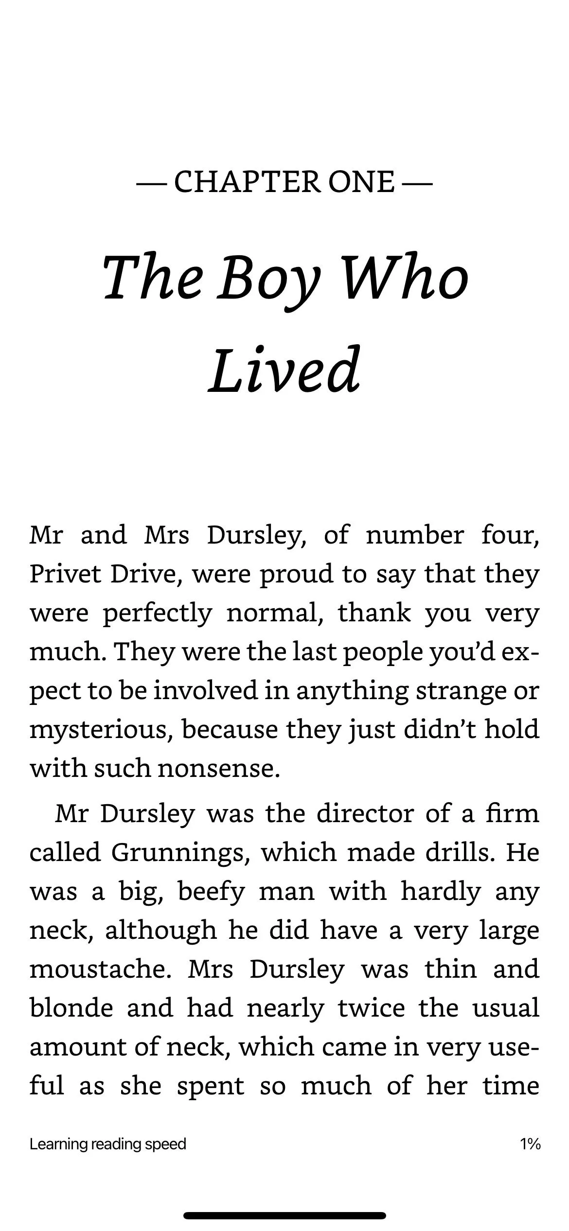Màn hình đọc sách Chương một của Harry Potter trên ứng dụng Kindle