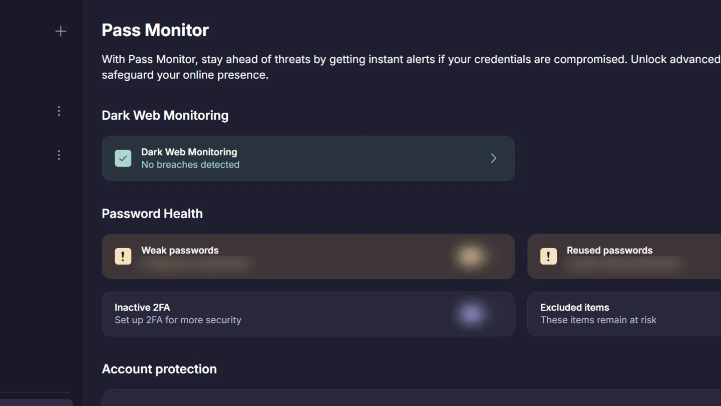Màn hình giám sát Dark Web của Proton Pass hiển thị trạng thái an toàn, không có dữ liệu bị rò rỉ
