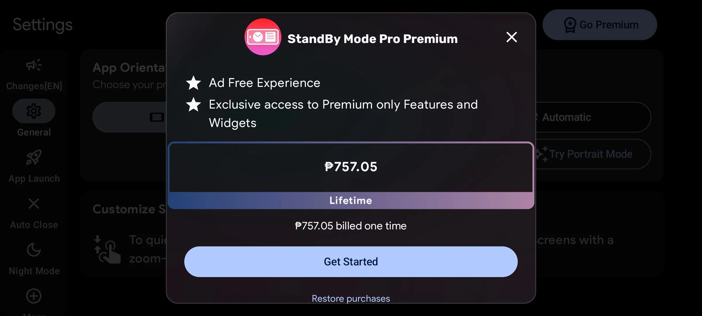 Màn hình giao diện mua gói Premium của ứng dụng StandBy Mode Pro trên điện thoại Android