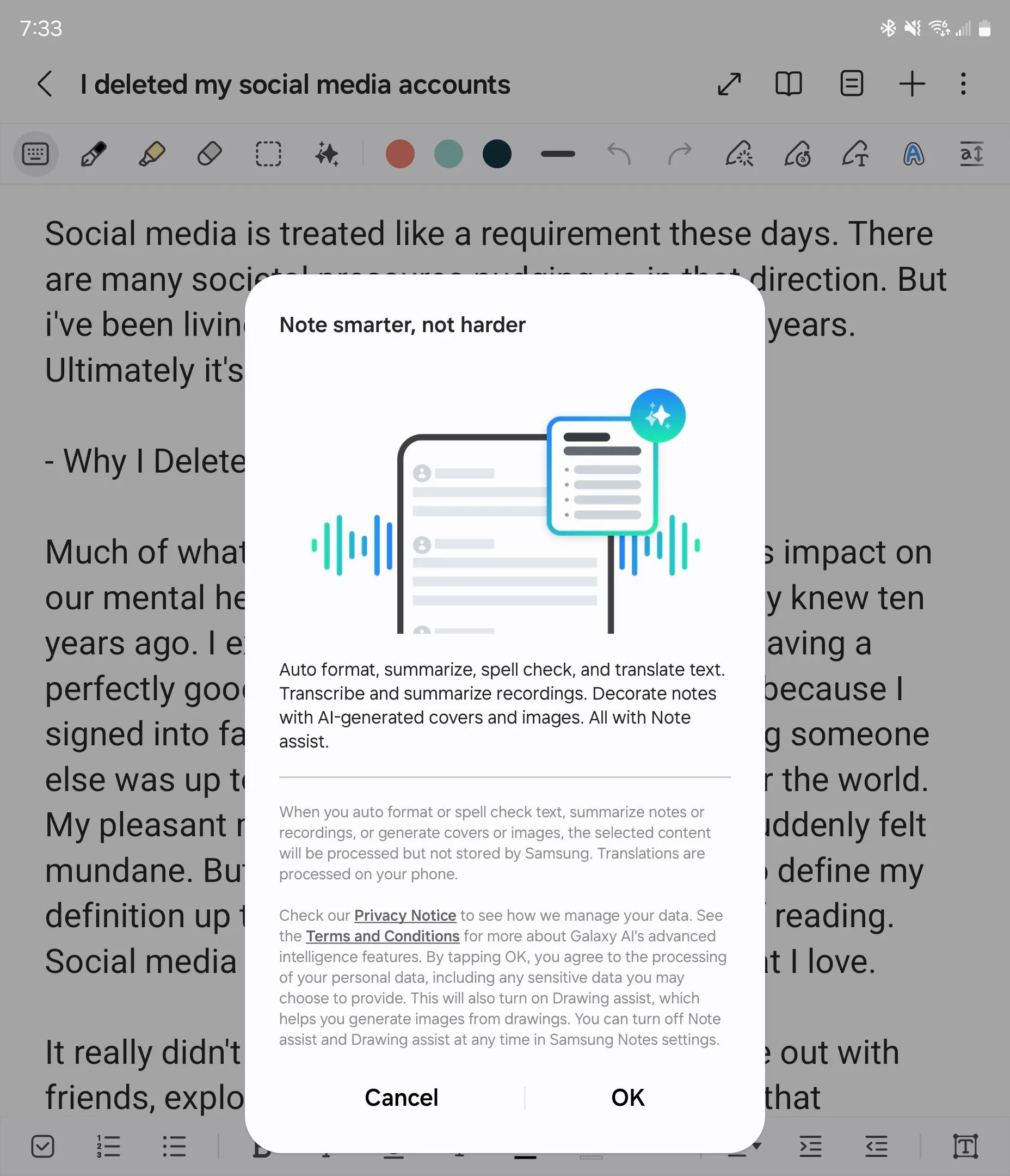 Màn hình giới thiệu tính năng Trợ lý Ghi chú (Note Assist) trong ứng dụng Samsung Notes, một phần của Galaxy AI.