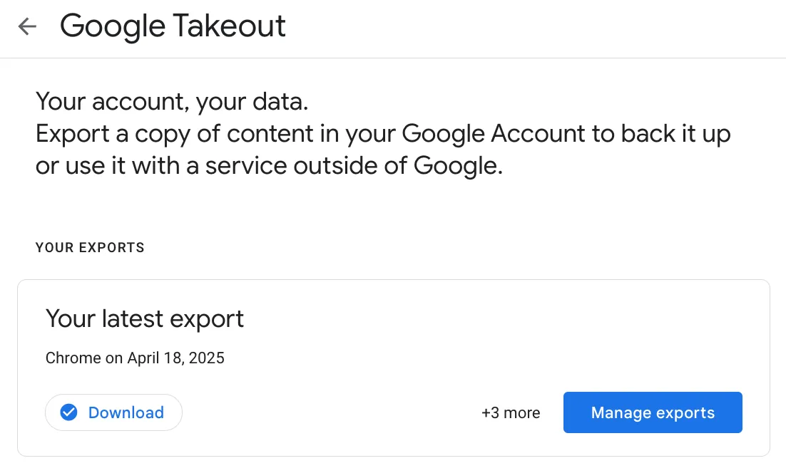 Màn hình Google Takeout thông báo đã chuẩn bị tệp sao lưu dữ liệu Chrome để tải về.