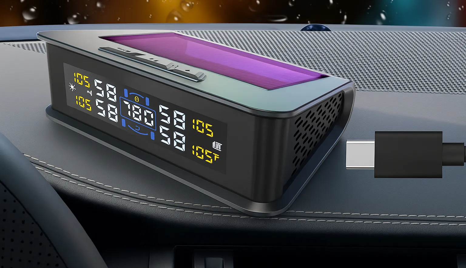 Màn hình hiển thị áp suất lốp xe (TPMS) có dây cáp USB bên cạnh