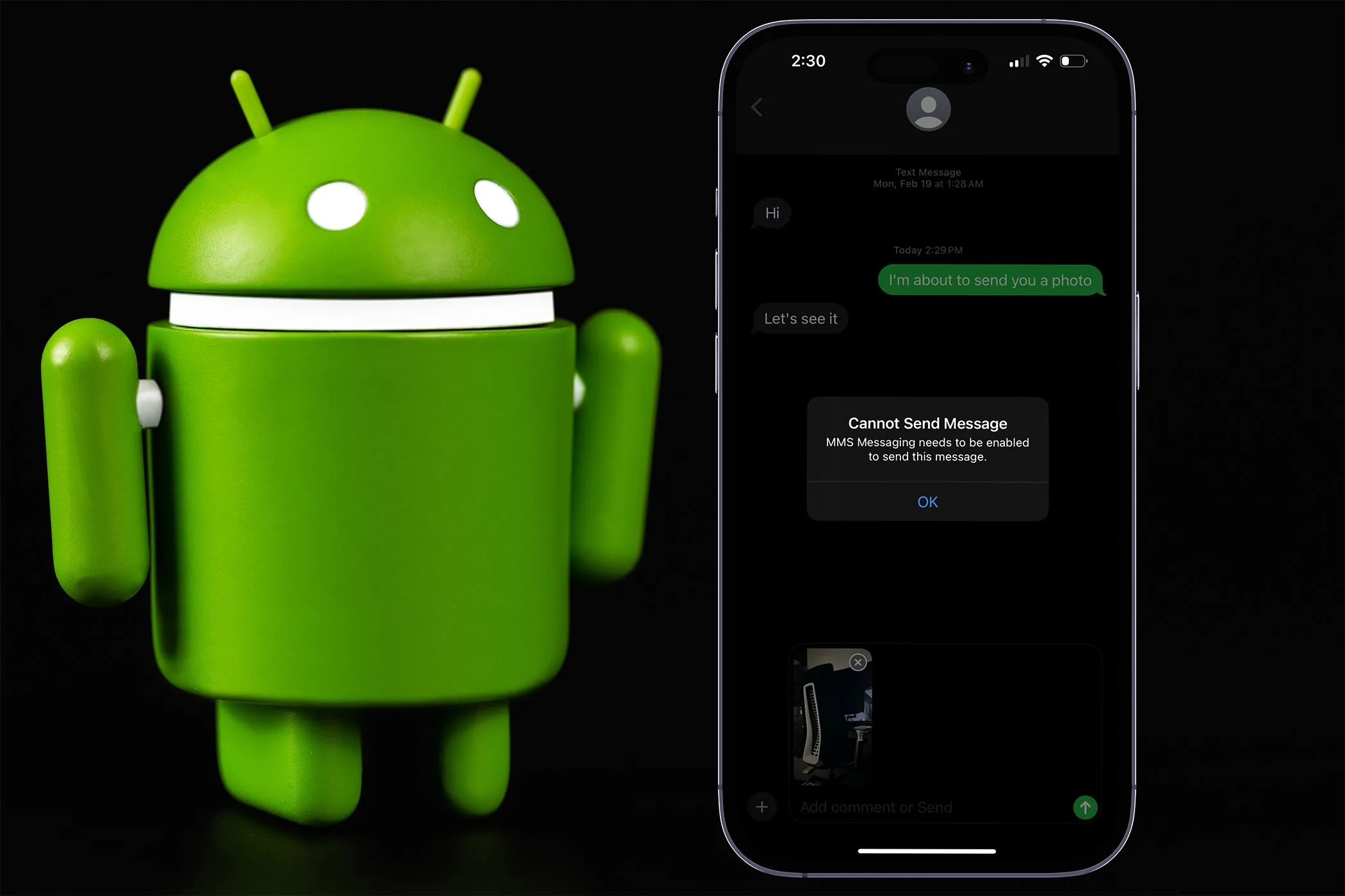 Màn hình iPhone hiển thị lỗi không gửi được tin nhắn bên cạnh biểu tượng Android, tượng trưng cho khó khăn khi chuyển lịch sử iMessage sang Android