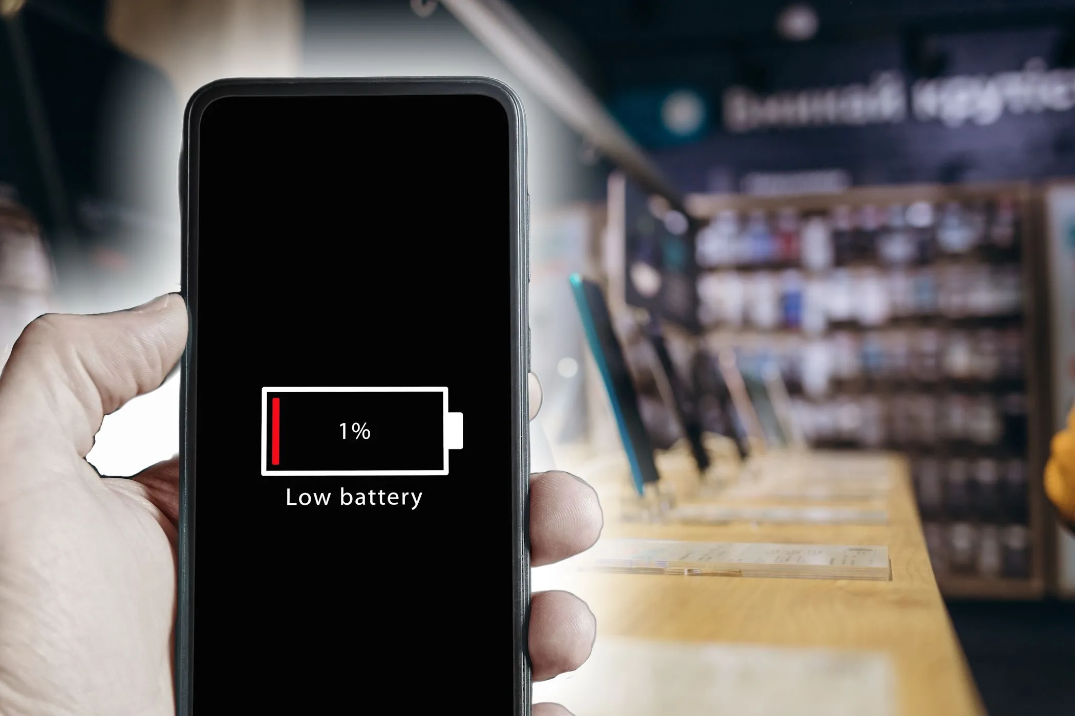 Màn hình iPhone hiển thị thông báo pin yếu trong cửa hàng, minh họa nhu cầu về ốp lưng pin