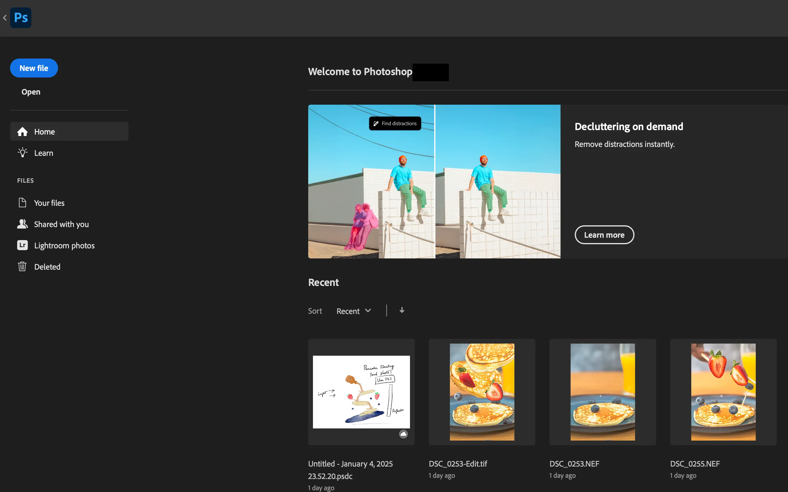 Màn hình khởi động Adobe Photoshop và các dự án gần đây