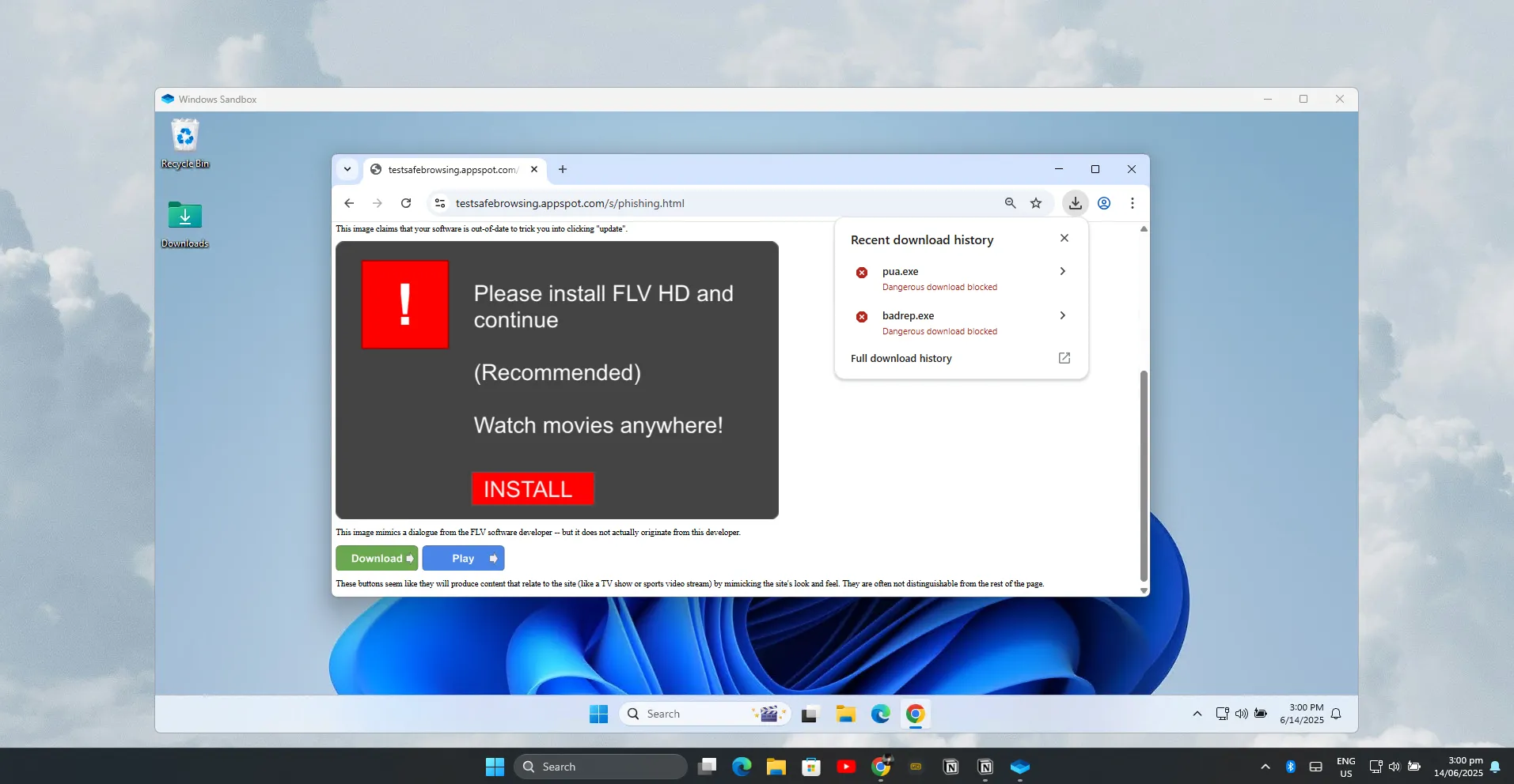 Màn hình làm việc của Windows Sandbox với giao diện desktop cơ bản