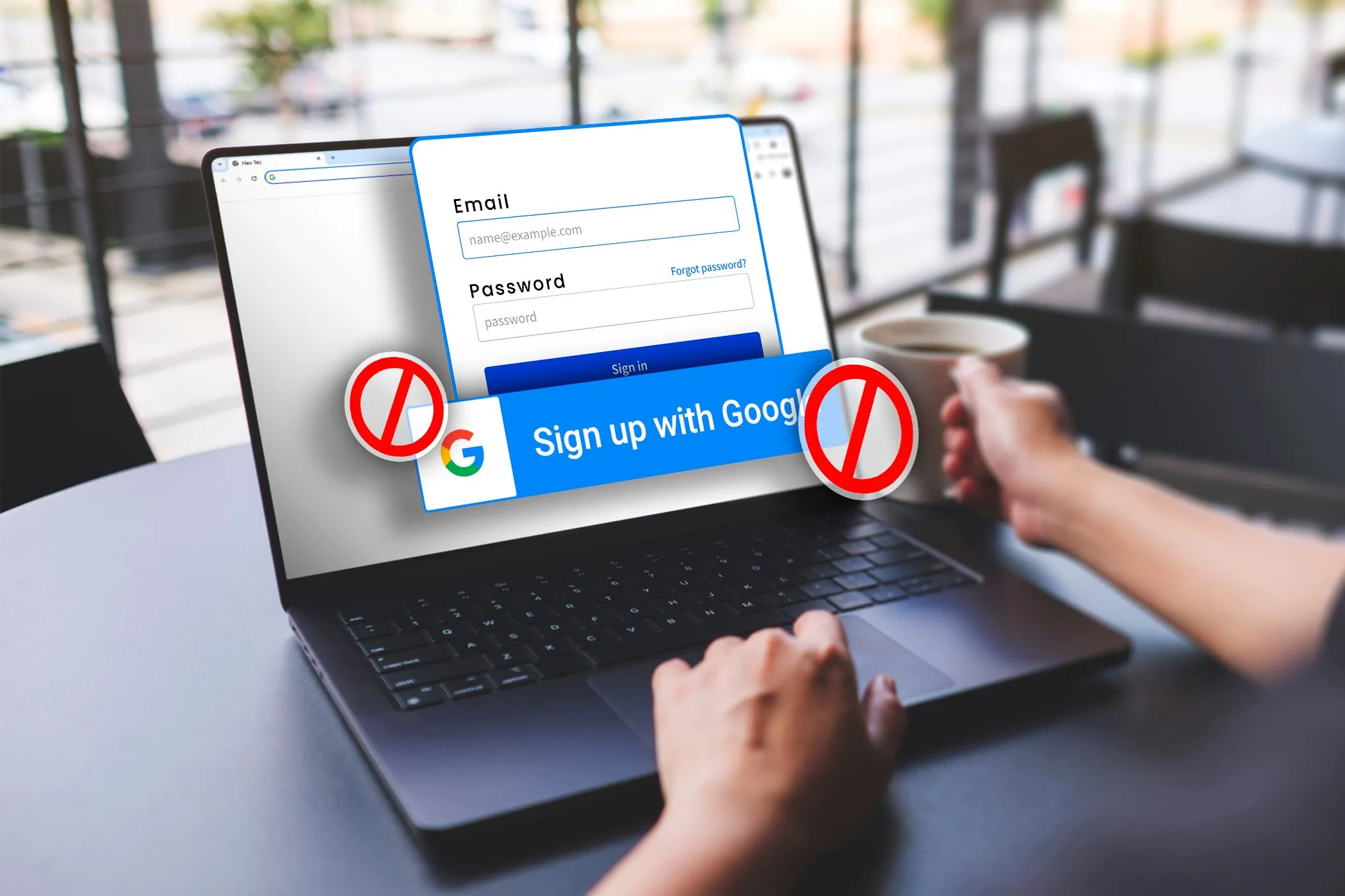 Màn hình laptop hiển thị cửa sổ đăng nhập với tùy chọn 'Đăng ký bằng Google' bị gạch chéo, biểu thị việc tạo tài khoản ẩn danh mới mà không dùng Google.