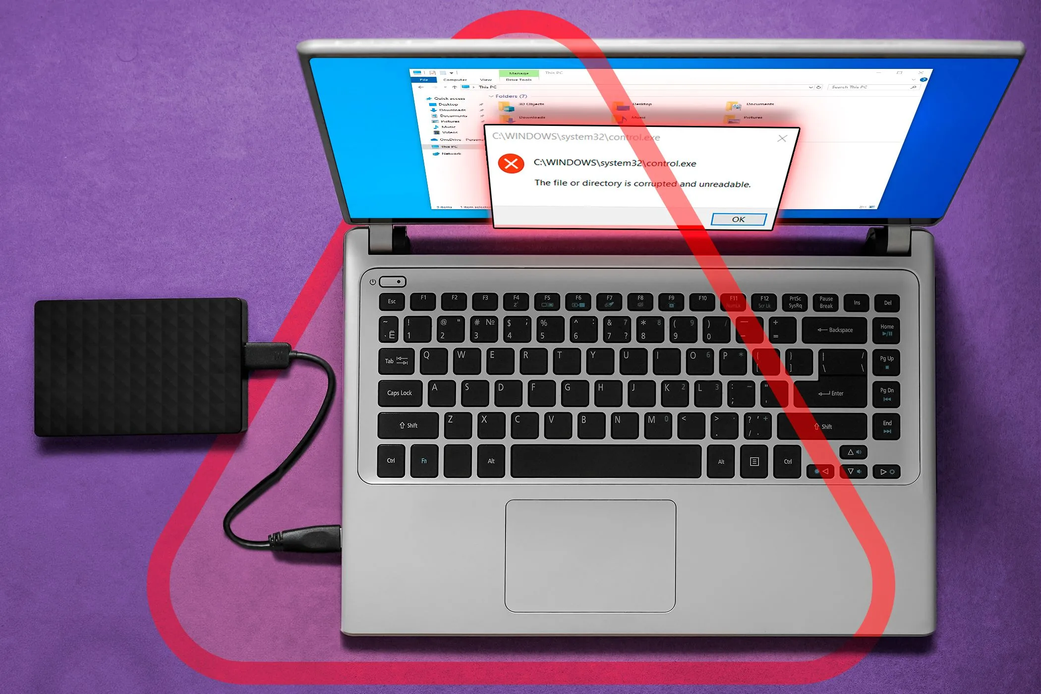 Màn hình laptop hiển thị thông báo lỗi khi kết nối ổ cứng ngoài, minh họa rủi ro tiềm ẩn về hiệu suất và khả năng xử lý dữ liệu phức tạp khi mã hóa bằng BitLocker.