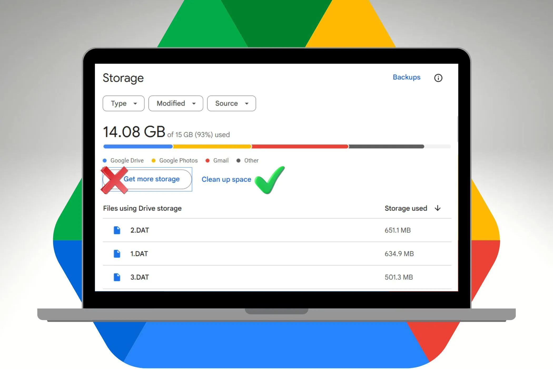 Màn hình laptop hiển thị trạng thái dung lượng lưu trữ trên Google Drive miễn phí