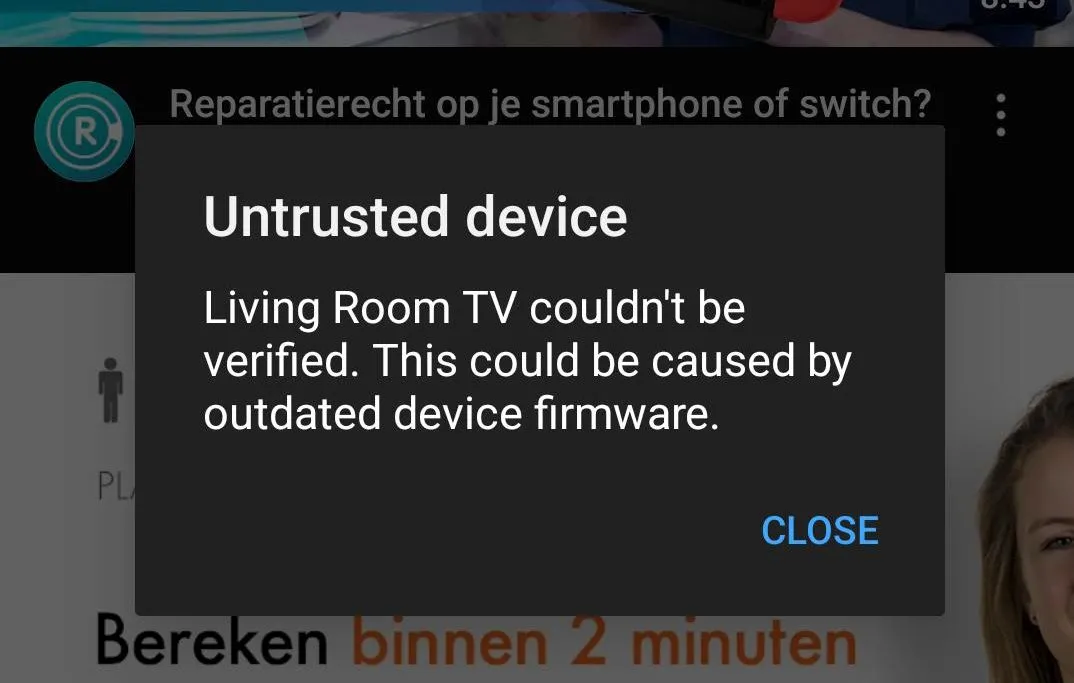 Màn hình lỗi của thiết bị Chromecast hiển thị thông báo kết nối không đáng tin cậy.