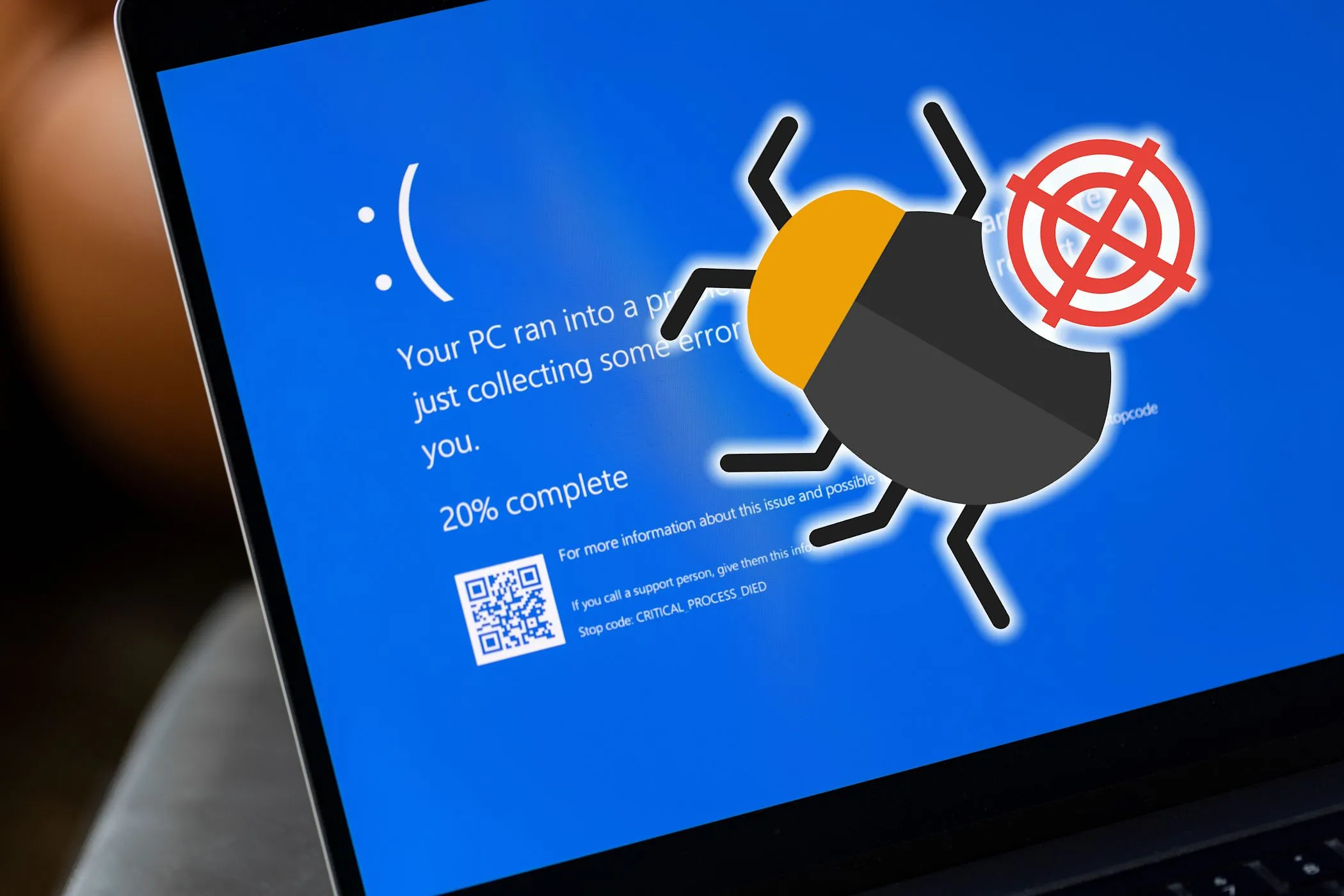 Màn hình lỗi Windows 11 với biểu tượng côn trùng lỗi - Minh họa các vấn đề người dùng gặp phải