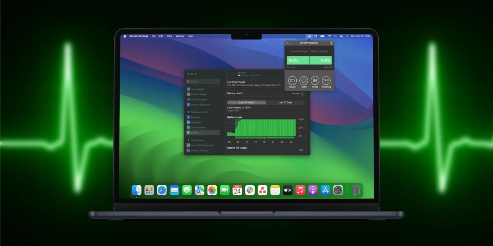 Màn hình MacBook hiển thị trạng thái pin trong Cài đặt Hệ thống và thanh menu, minh họa thời lượng pin ấn tượng