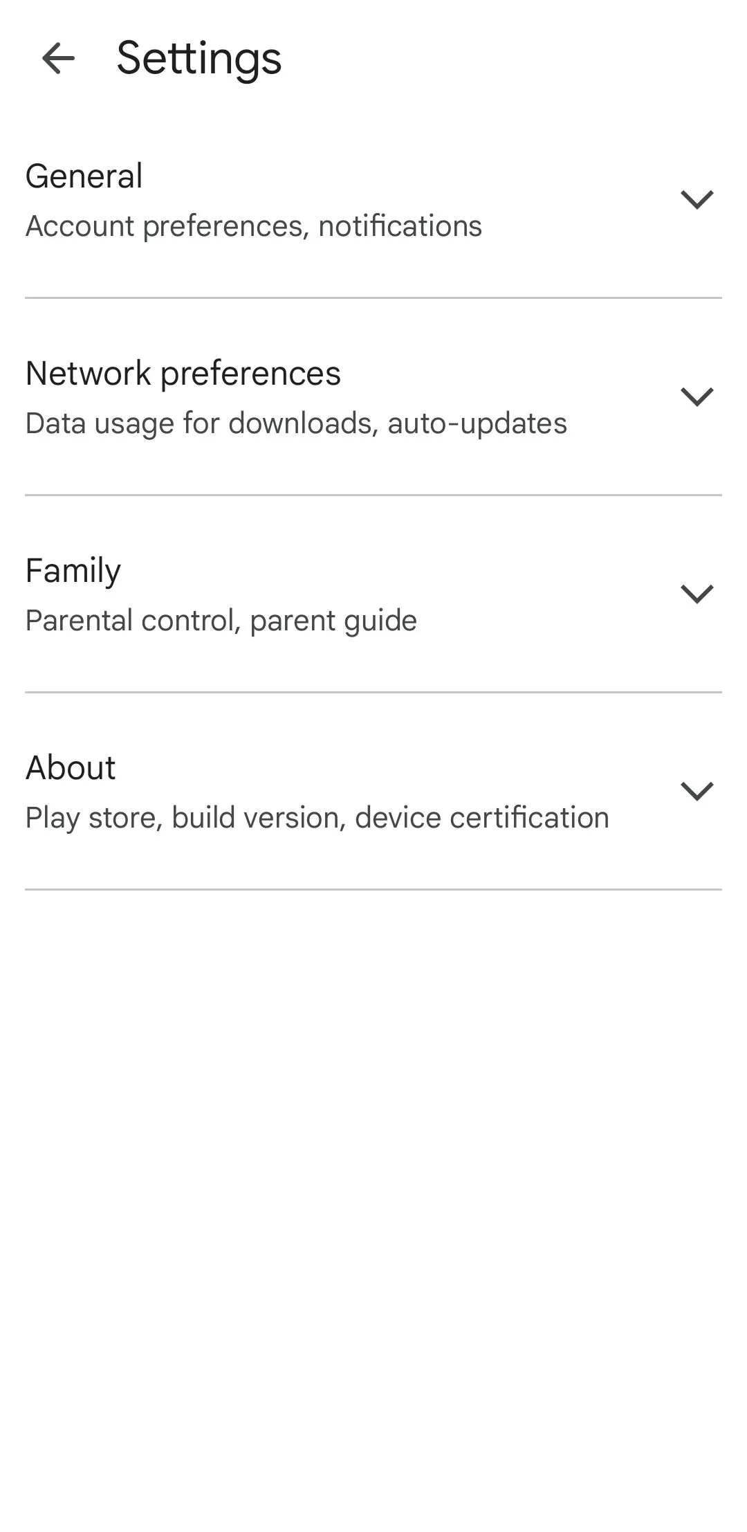 Màn hình menu cài đặt của Google Play Store trên thiết bị Android