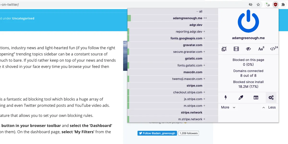 Màn hình menu uBlock Origin với biểu tượng Dashboard được đánh dấu, cho phép người dùng tùy chỉnh cài đặt