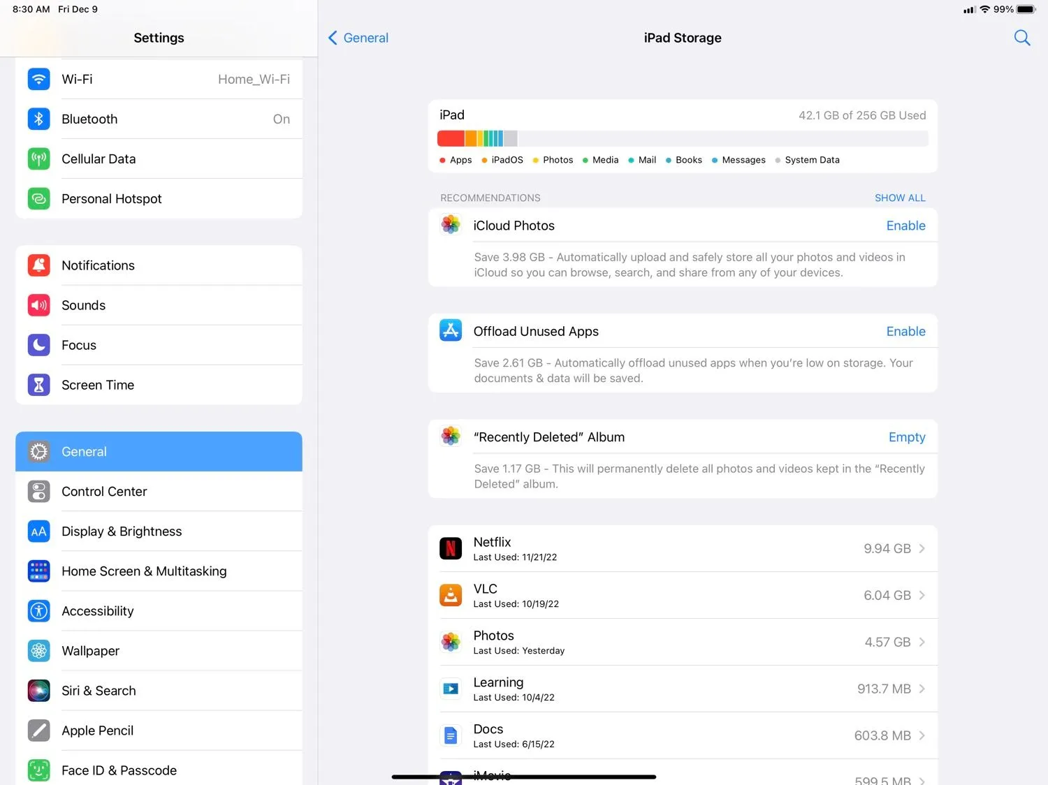 Màn hình quản lý dung lượng trên iPad.