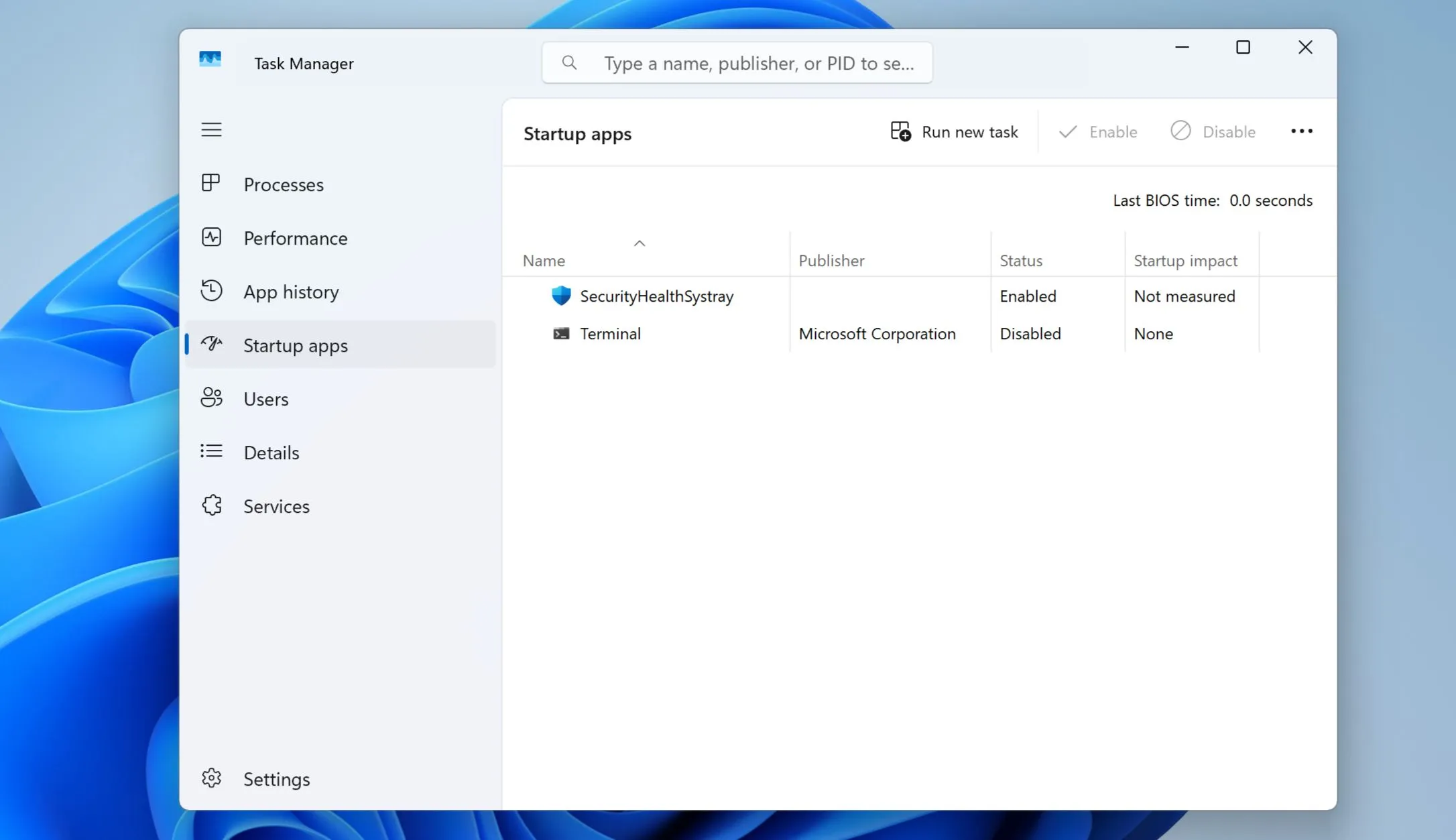 Màn hình quản lý tác vụ hiển thị danh sách các ứng dụng khởi động tự động trong Windows 11