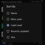 Màn hình quản lý ứng dụng trên Google Play Store với tùy chọn sắp xếp ứng dụng ít dùng nhất