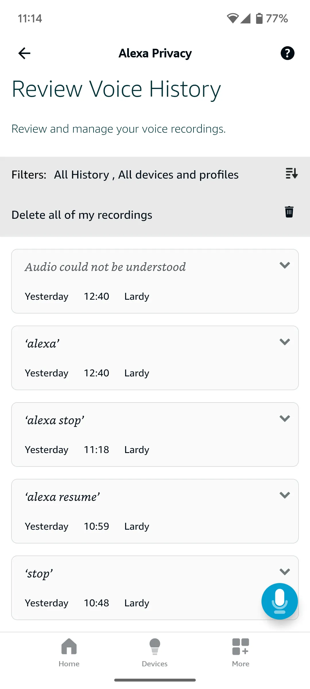 Màn hình quản lý và xóa các bản ghi âm giọng nói của người dùng trên ứng dụng Alexa