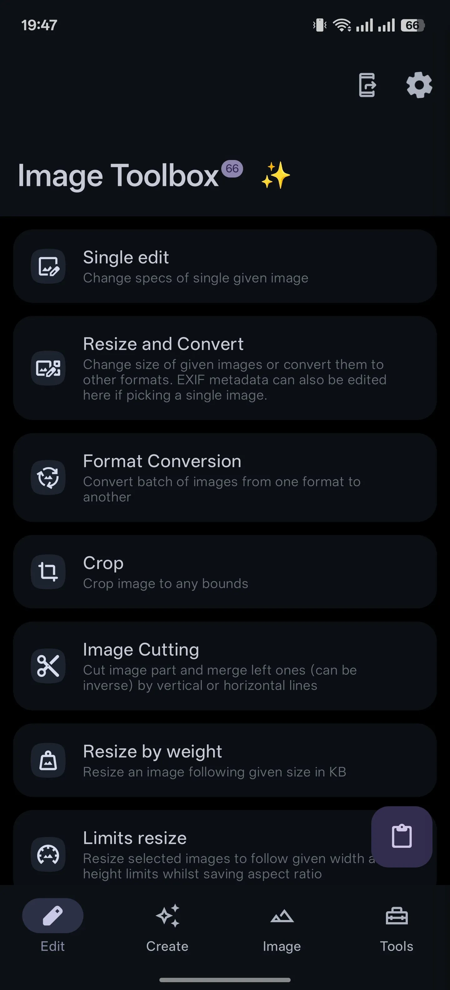 Màn hình tab chỉnh sửa (Edit) trong ứng dụng Image Toolbox trên Android, hiển thị các công cụ xử lý ảnh