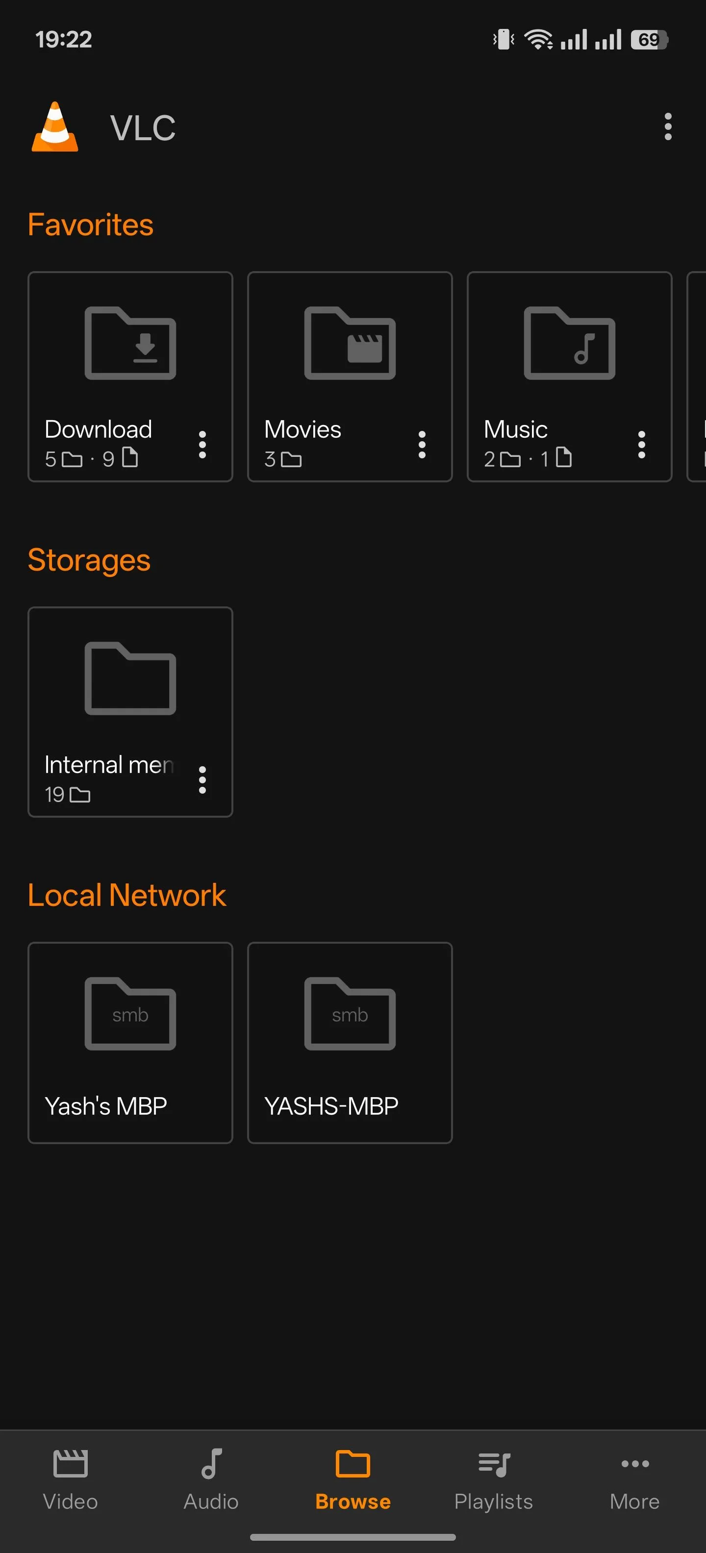 Màn hình tab &quot;Duyệt&quot; trong ứng dụng VLC for Android, hiển thị các thư mục và file media để phát