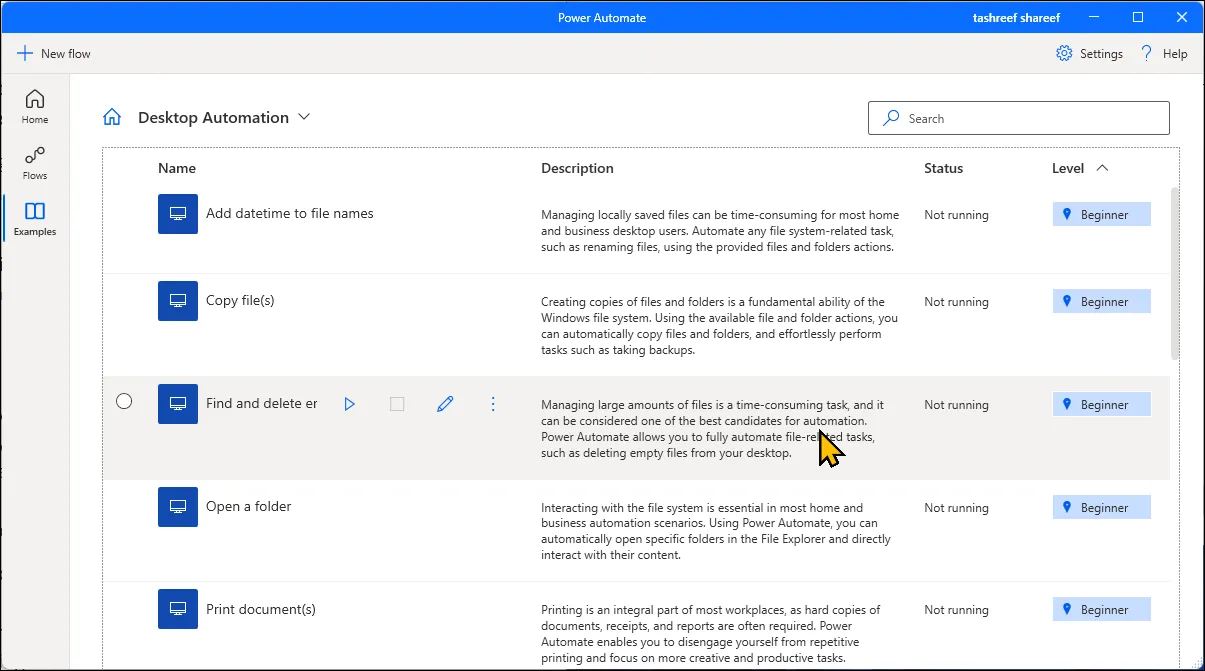 Màn hình tab Examples trong Microsoft Power Automate trên Windows 11 hiển thị các mẫu quy trình tự động hóa