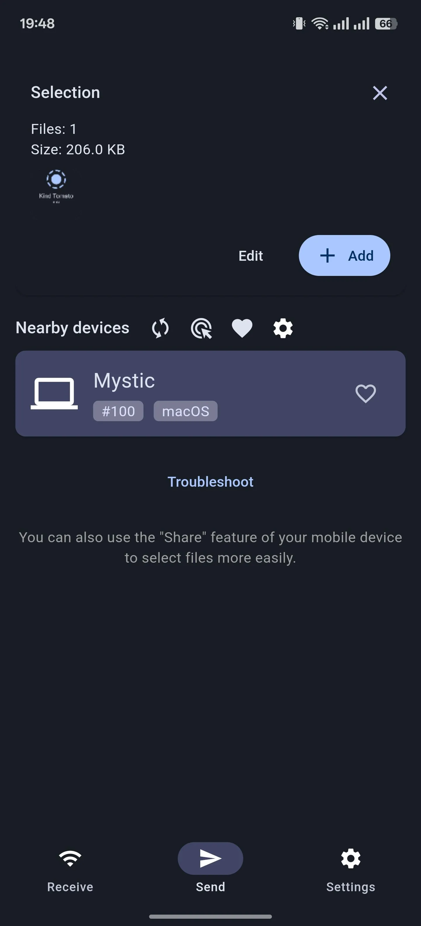 Màn hình tab &quot;Gửi&quot; (Send) của ứng dụng LocalSend trên Android, hiển thị danh sách thiết bị khả dụng để chuyển file