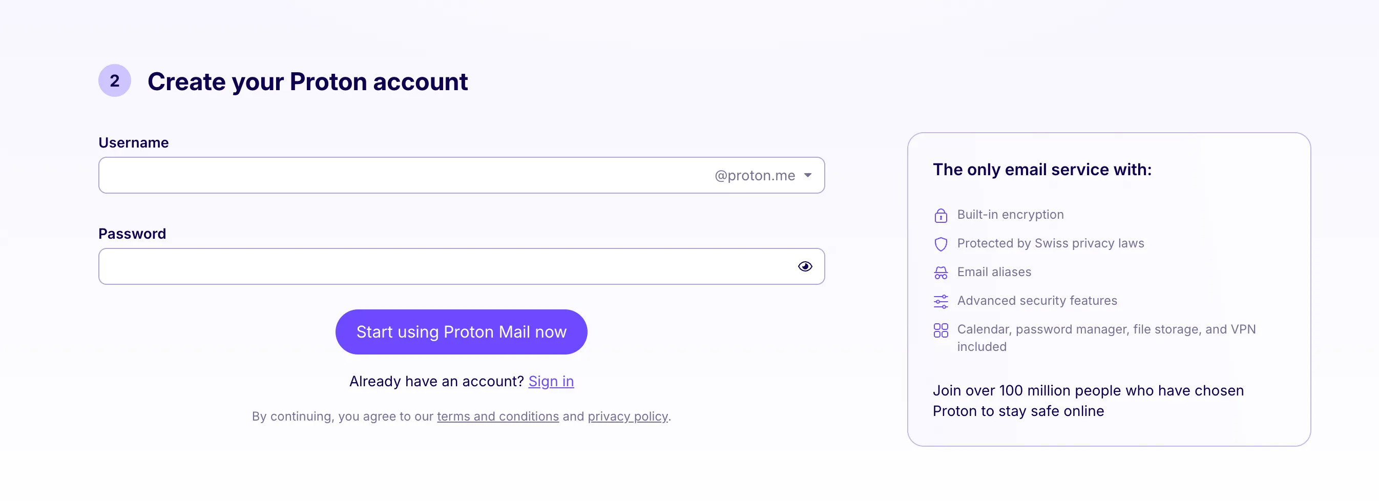 Màn hình tạo tài khoản email bảo mật Proton Mail