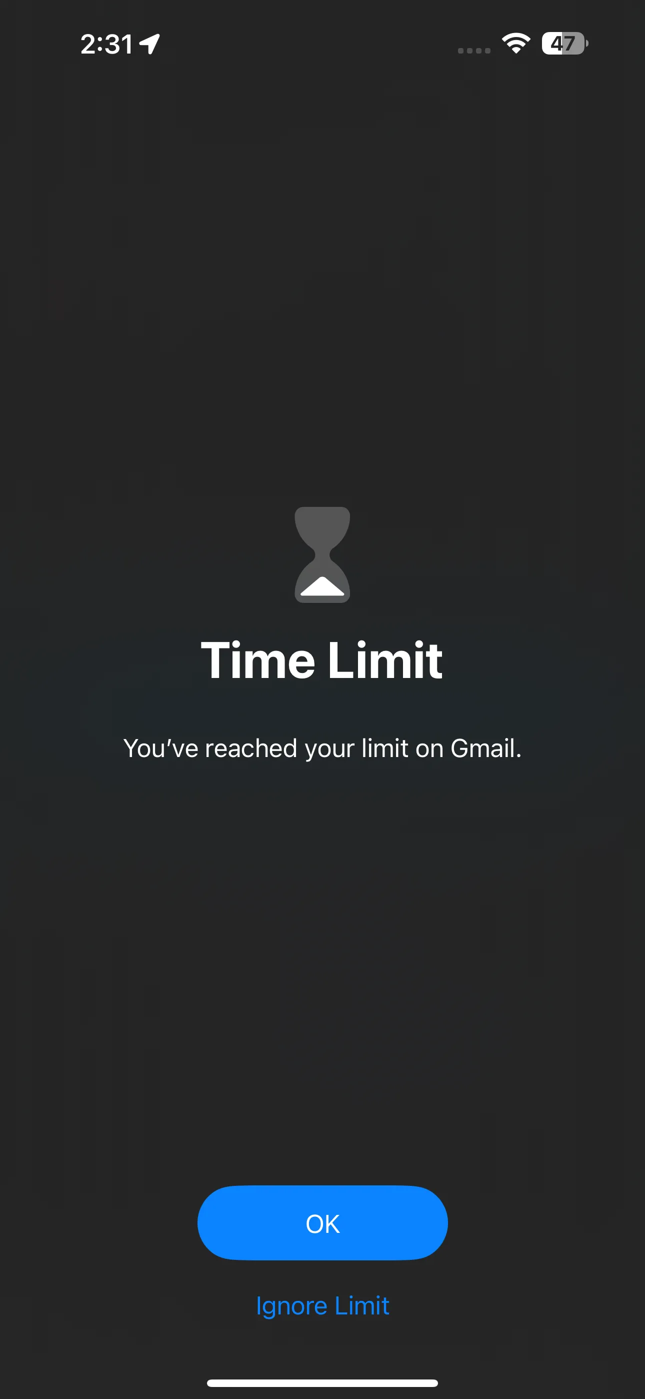 Màn hình thông báo &quot;Bạn đã đạt giới hạn sử dụng trên Gmail&quot; hiển thị trên iPhone.