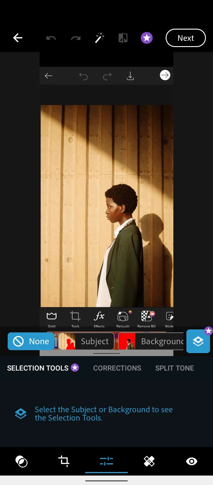 Màn hình thực đơn chỉnh sửa của ứng dụng Adobe Photoshop Express với nhiều tùy chọn công cụ.