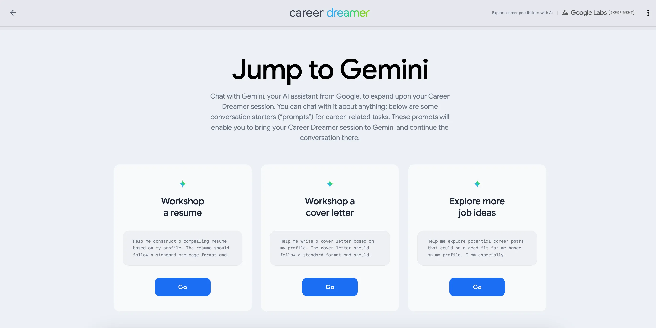 Màn hình tính năng &quot;Chuyển sang Gemini&quot; trong Google Career Dreamer để tạo sơ yếu lý lịch hoặc thư xin việc