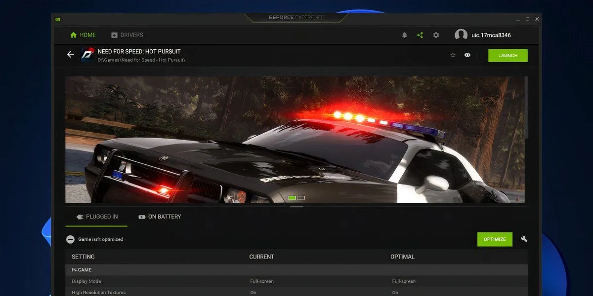 Màn hình tối ưu game trong ứng dụng NVIDIA GeForce Experience