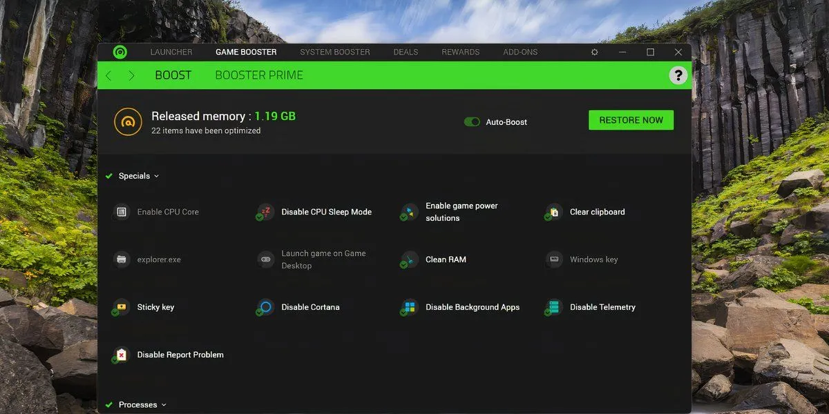 Màn hình tối ưu game trong ứng dụng Razer Cortex