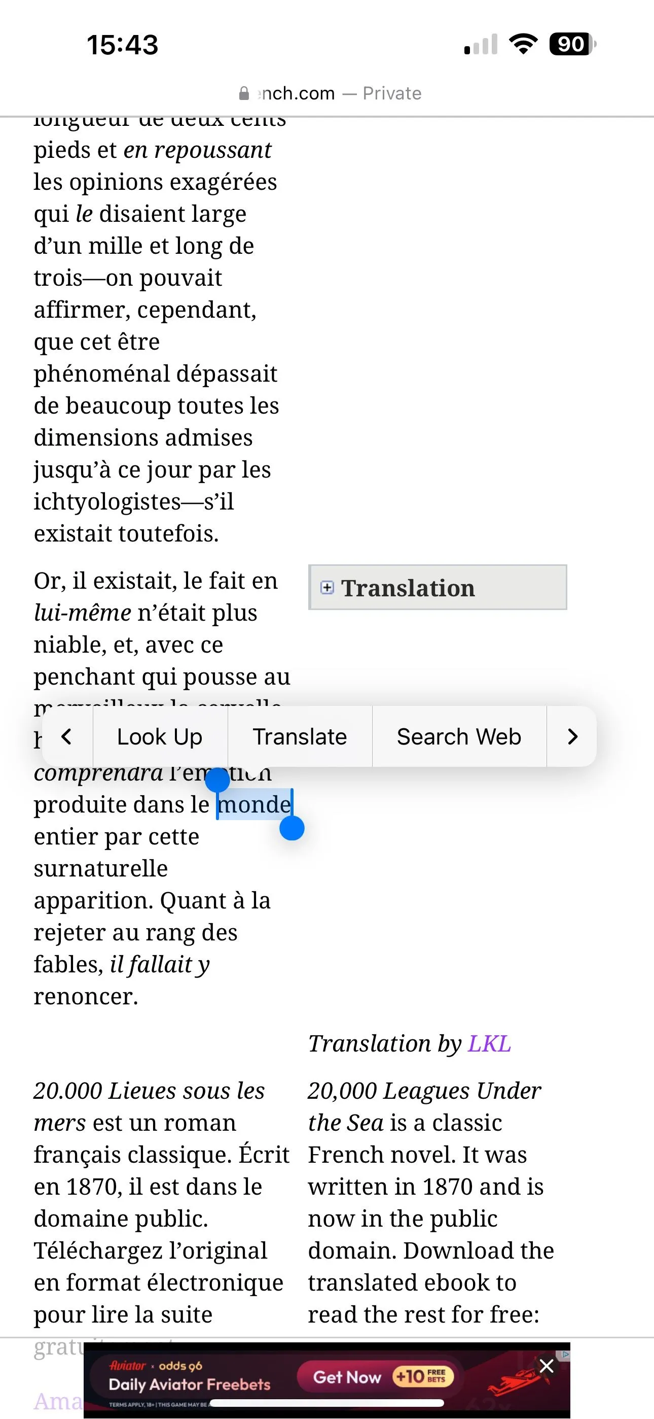 Màn hình tra cứu từ điển Look Up trên iPhone hiển thị định nghĩa của từ đã chọn bằng ngôn ngữ phụ.