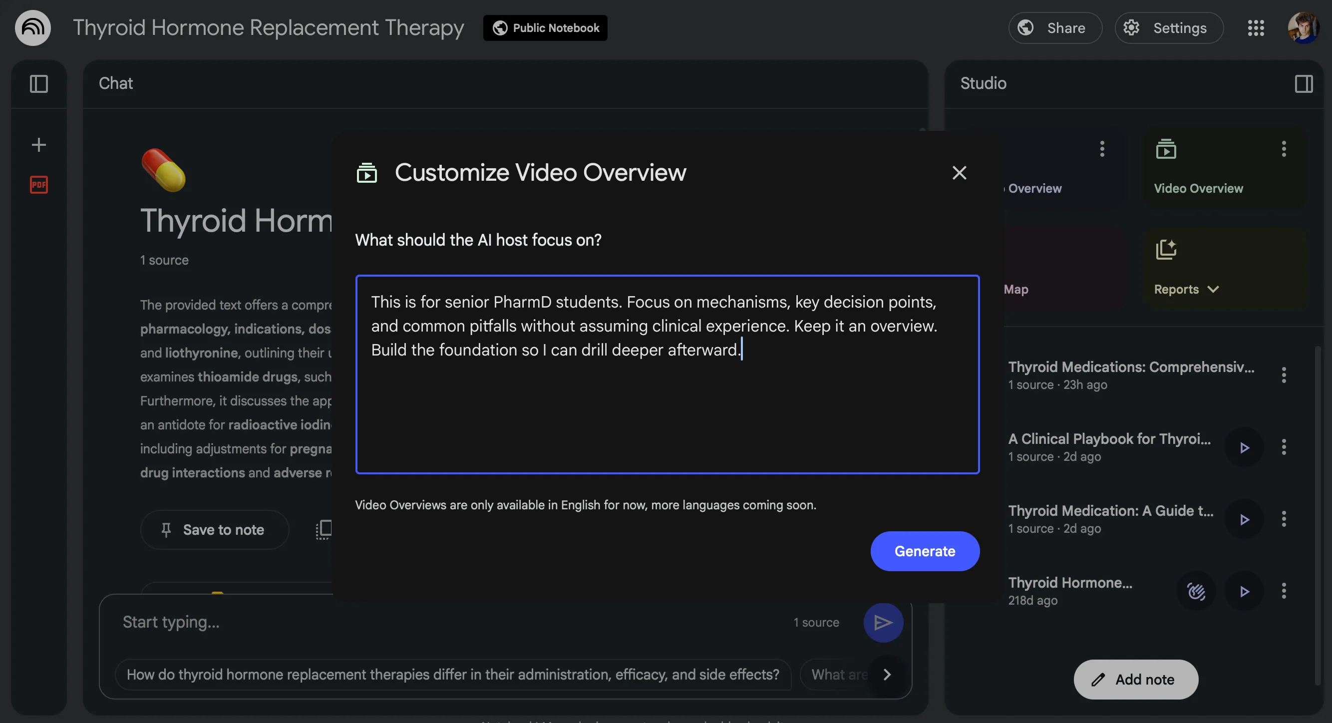 Màn hình tùy chỉnh Tổng quan Video trong NotebookLM, cho phép người dùng điều chỉnh hướng dẫn và trọng tâm nội dung để video AI phù hợp hơn.