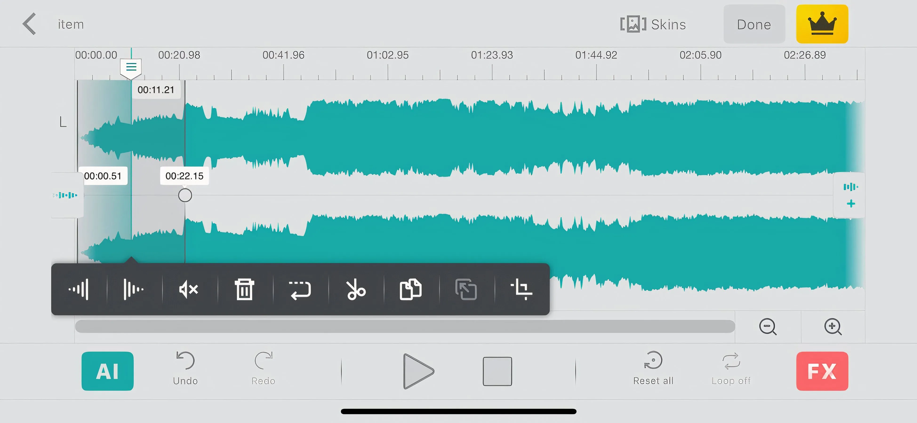 Màn hình ứng dụng Audio Editor Tool trên iPhone với các nút điều khiển hiệu ứng fade