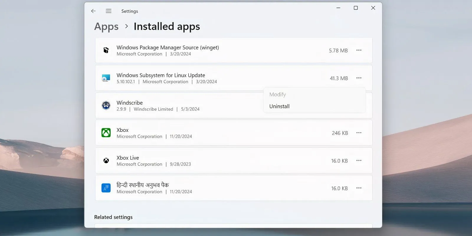 Màn hình Ứng dụng đã cài đặt hiển thị tùy chọn gỡ cài đặt Windows Subsystem for Linux (WSL)