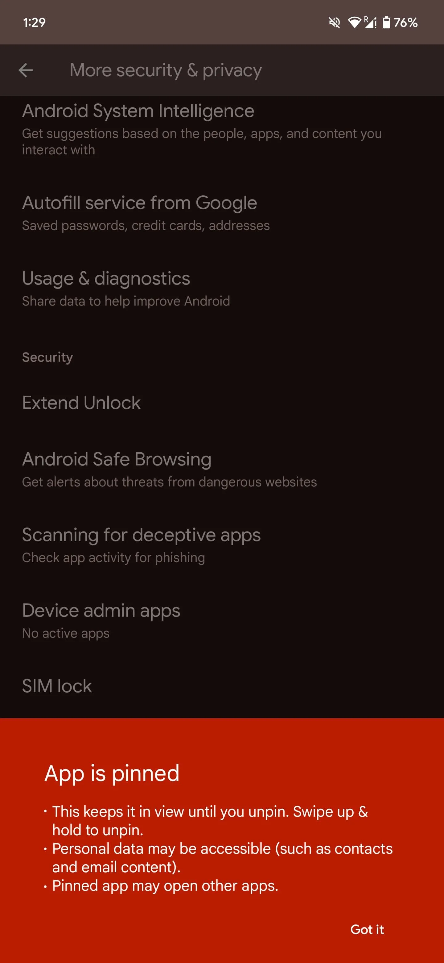 Màn hình ứng dụng đang được ghim (App Pinning) trên điện thoại Android