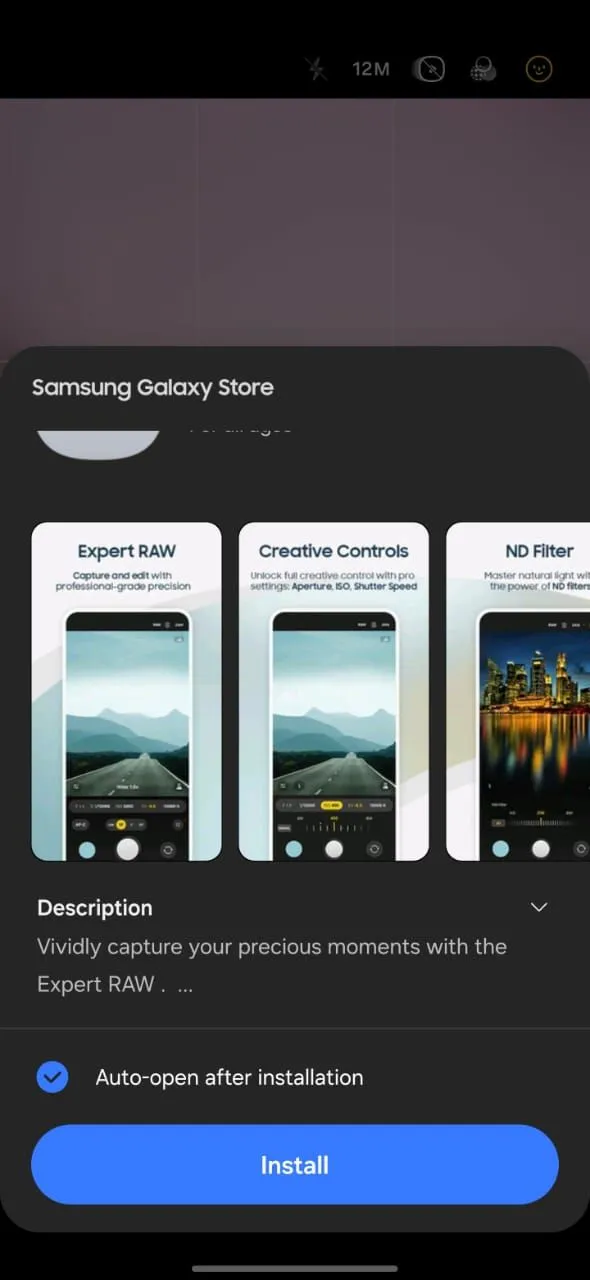 Màn hình ứng dụng Galaxy Store hiển thị trang tải về Expert RAW cho điện thoại Samsung