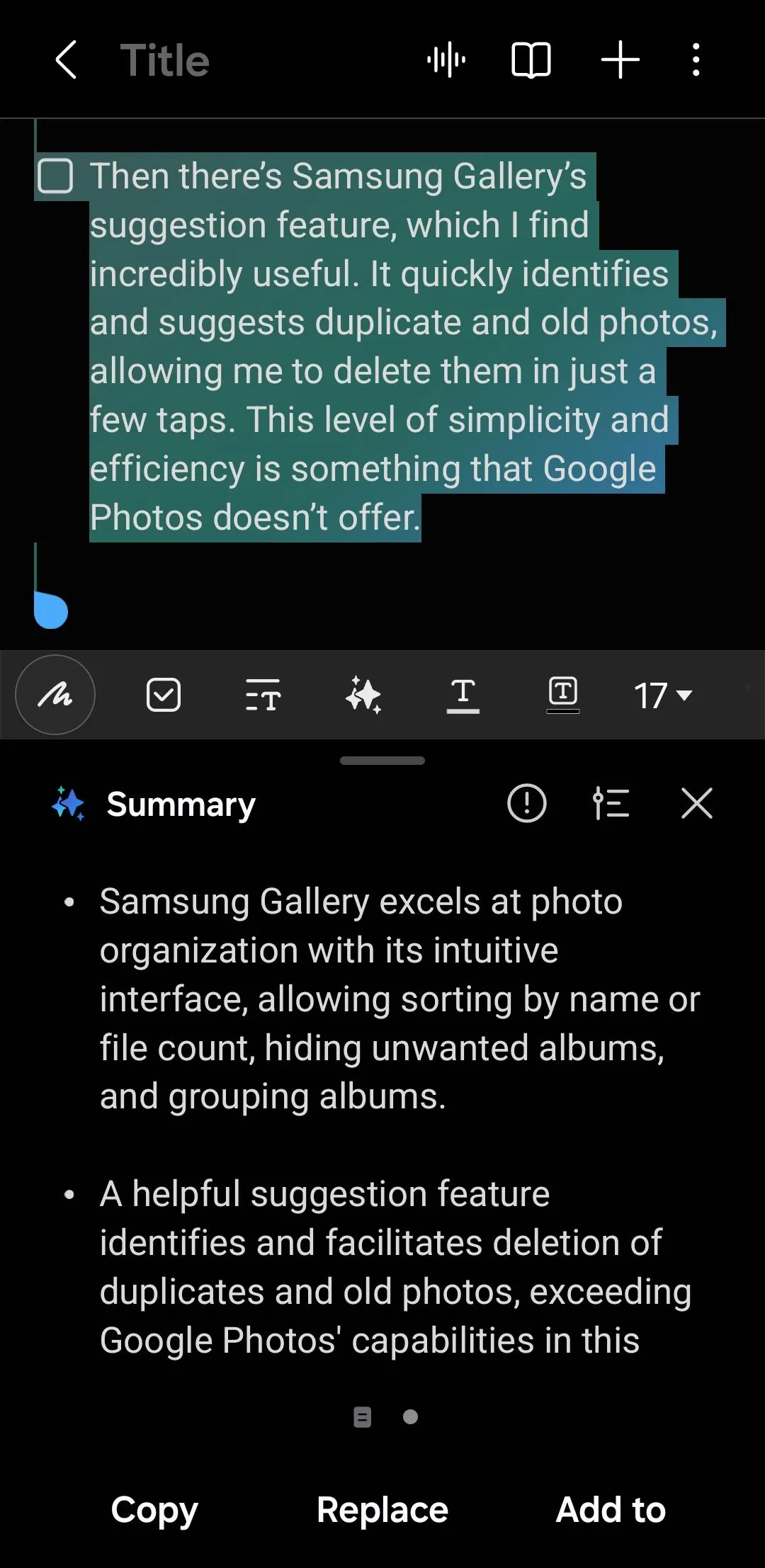 Màn hình ứng dụng Samsung Notes hiển thị bản tóm tắt ghi chú bằng Galaxy AI