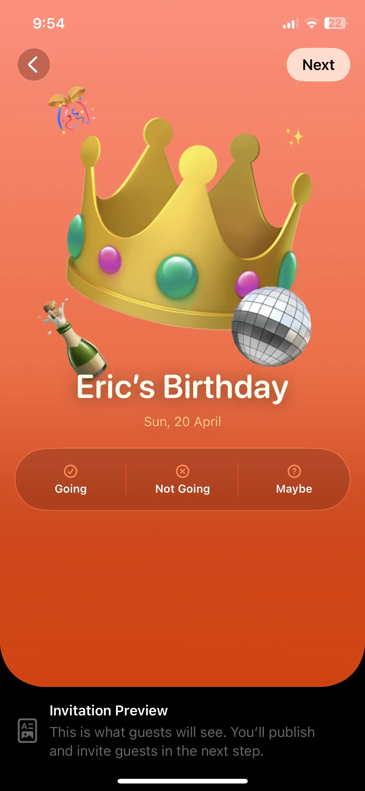 Màn hình xem trước thiệp mời trong ứng dụng Apple Invites trên iPhone, cho phép kiểm tra trước khi gửi đến khách mời.