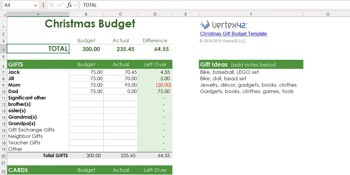 Mẫu Excel Ngân Sách Giáng Sinh giúp lập kế hoạch chi tiêu quà tặng và lễ hội.