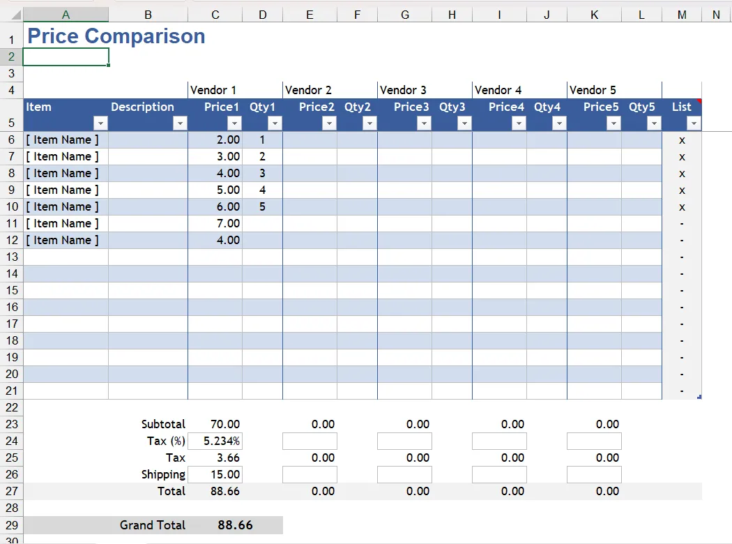 Mẫu Excel So Sánh Giá giúp người dùng ghi lại và đối chiếu các mức giá từ nhiều nguồn.