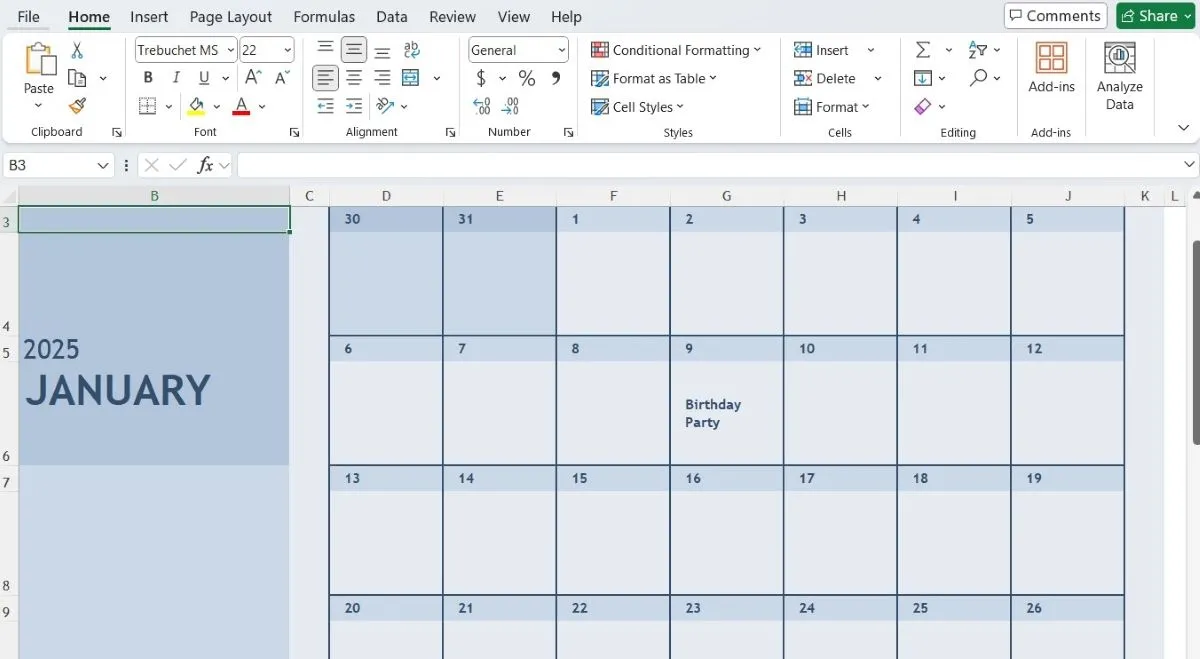 Mẫu lịch tháng Giêng được tùy chỉnh và hiển thị trên bảng tính Excel, minh họa khả năng lập kế hoạch cá nhân.