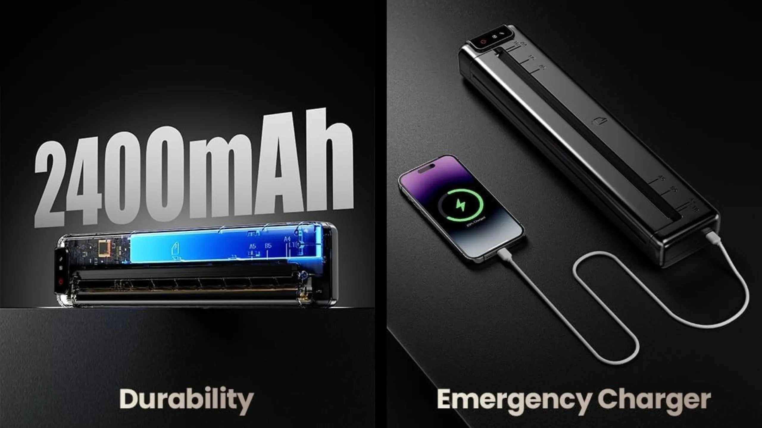 Máy in Phomemo Q302 đang sạc ngược cho điện thoại di động, minh họa tính năng pin dự phòng