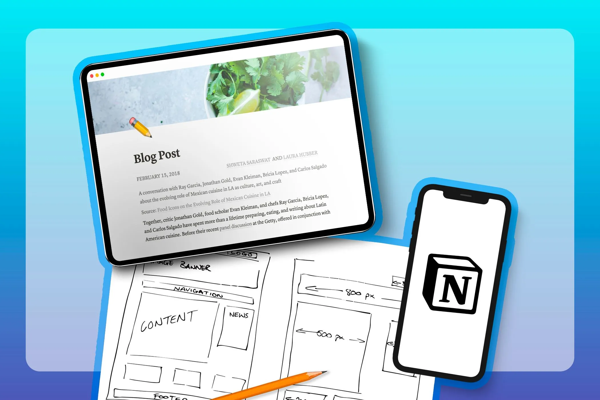 Máy tính bảng hiển thị trang web được tạo bằng Notion Sites, cùng với các bản phác thảo thiết kế và điện thoại có logo Notion, minh họa khả năng tùy chỉnh giao diện chuyên nghiệp